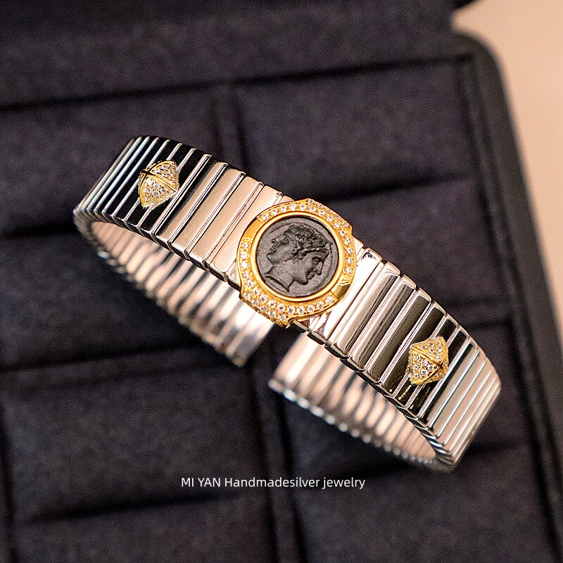 Ancient Coin Wide Bracelet with Athena Portrait, Inlaid with Diamonds, Vintage Style, Thick Bracelet for Women, 925 Silver Gold-Plated
