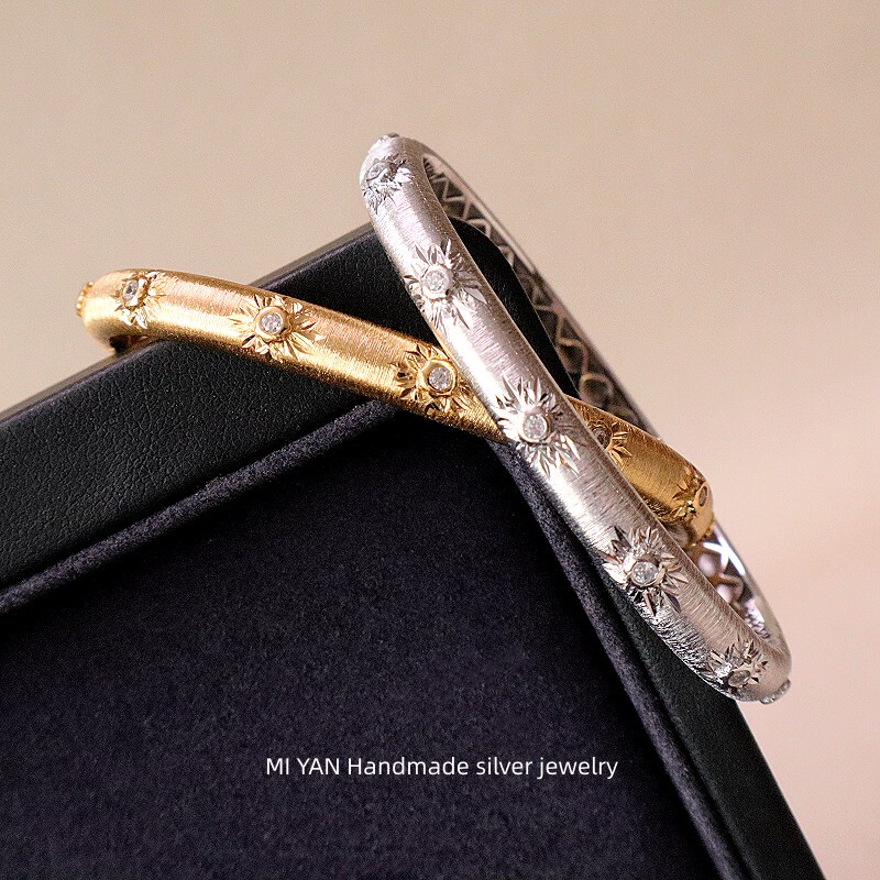 Italian Handcrafted Brushed Finish Bracelet with Carved 925 Sterling Silver Plated with K Gold, Heavy Craftsmanship, Wide and Narrow Zircon Bracelet Italian Handcrafted Brushed Finish Bracelet with Carved 925 Sterling Silver Plated with K Gold, Heavy Craftsmanship, Wide and Narrow Zircon Bracelet