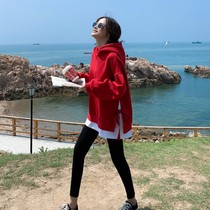 Summer thin hooded sweater 2021 new female explosive loose Korean version of the long fake two-piece top red