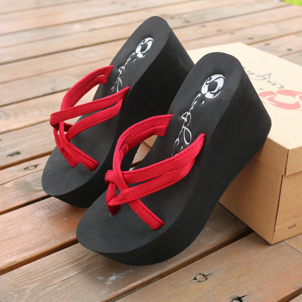 Rocket dog summer outside wear flip-flops high-heeled thick-bottomed female sandals trawling net red sponge cake heel clip foot wedge heel beach slippers