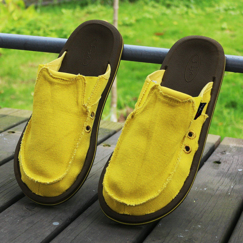 Casual tide drag summer Korean version men's canvas slippers Baotou beach shoes half slippers sandals hollow breathable slippers