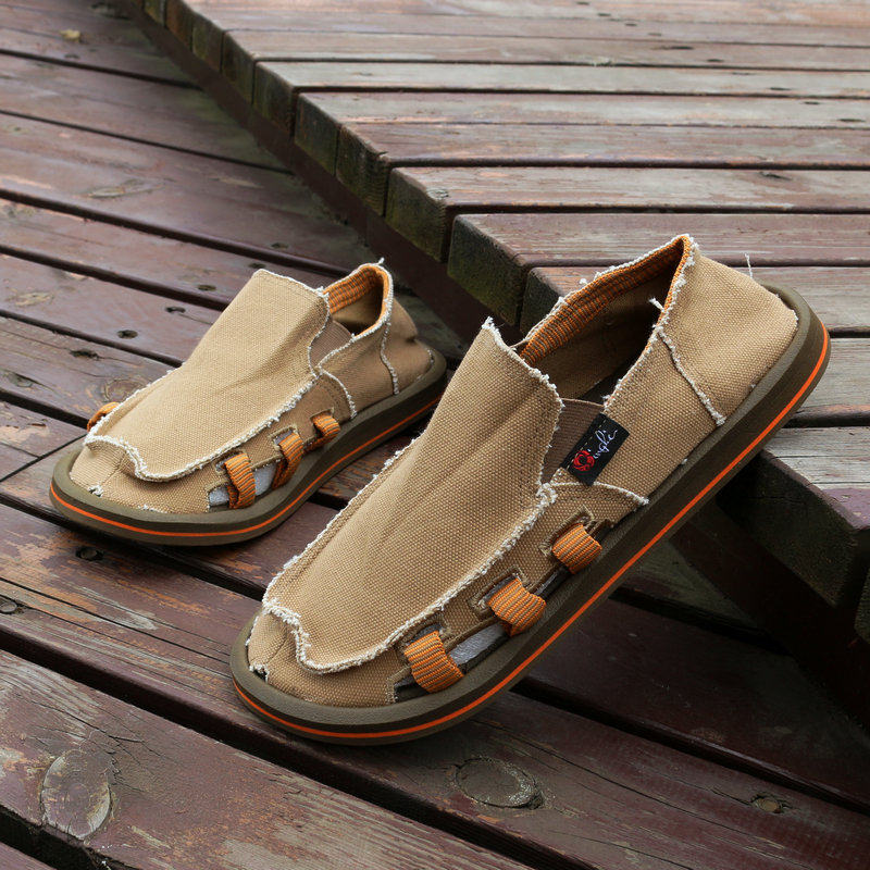 Summer side breathable men's canvas shoes British slip-on shoes cover feet low-top beggar shoes retro casual shoes