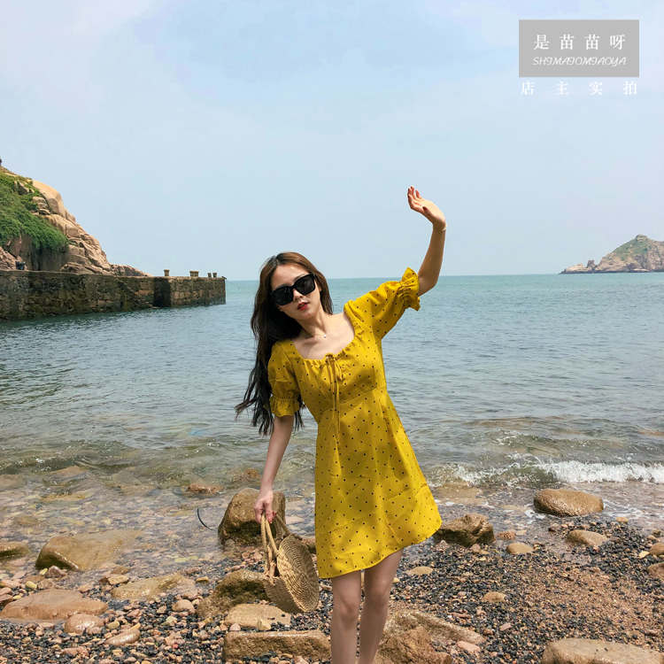 Retro gừng chấm bi vuông tay áo phồng tay áo thắt nút cô gái váy Một từ váy váy váy liền thân chữ a đẹp