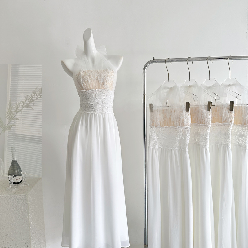 Heart-Pounding, Versatile Summer Wear, White Moonlight Waist-Cinching White Mesh Chiffon Long Dress