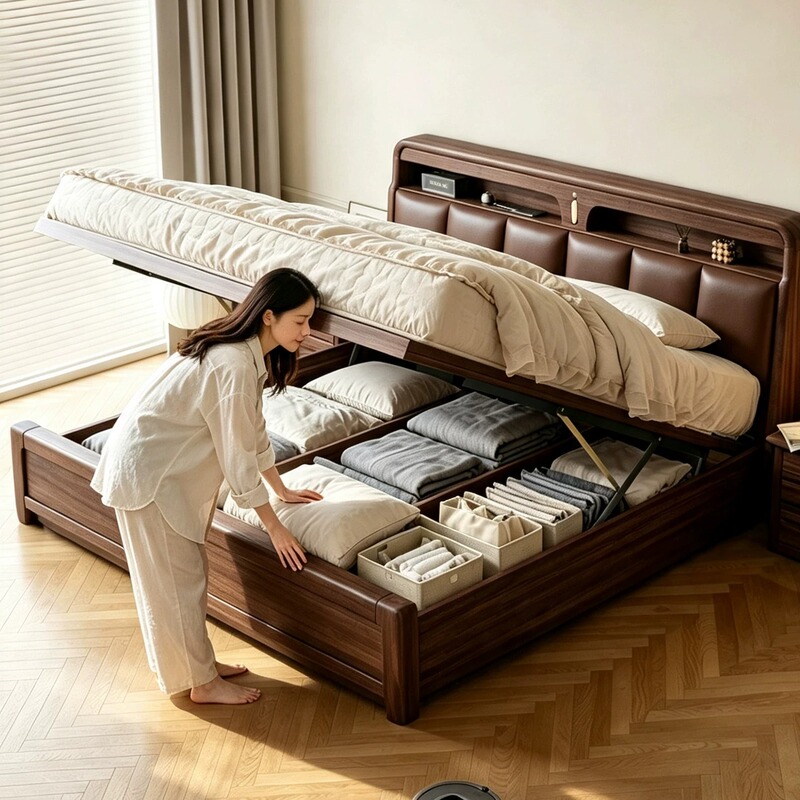 Walnut Solid Wood Bed 1.8m Double Bed Master Bedroom Large Bed 2m X 2.2m New Style Soft-Packed High-Box Storage Bed Walnut Solid Wood Bed 1.8m Double Bed Master Bedroom Large Bed 2m X 2.2m New Style Soft-Packed High-Box Storage Bed