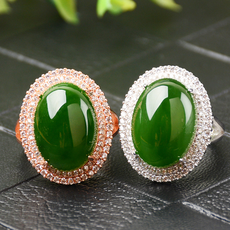 Hotan jasper ring 13x 18mm ring face women's large ring 925 silver double ring inlaid with white stone jasper ring