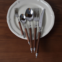  ES)French retro Huanghuali solid wood handle 304 stainless steel Western-style knife fork and spoon tableware household dessert fork and spoon