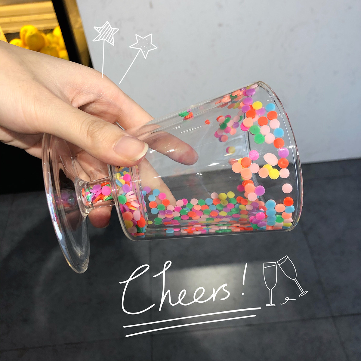 Endless stars Creative Tong Fun Colour Round Point Flow sand transparent Double glass Glass Girl Hearts Cups
