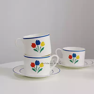 ES) Korean ins style French color tulip coffee cup saucer in ancient style vintage tableware afternoon tea cup