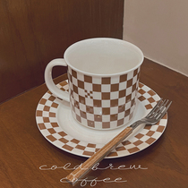 ES) Checkerboard ceramic mug plate set ins Retro coffee cup plate Breakfast cup Milk cup Snack plate