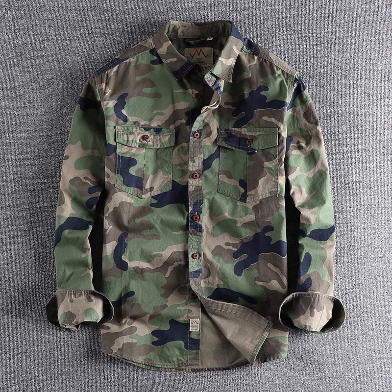 Spring and Autumn Camouflage Shirt for Men, American-Style Workwear Long-Sleeve Shirt with Double Pockets, Versatile Casual Top, Durable Jacket, Trendy