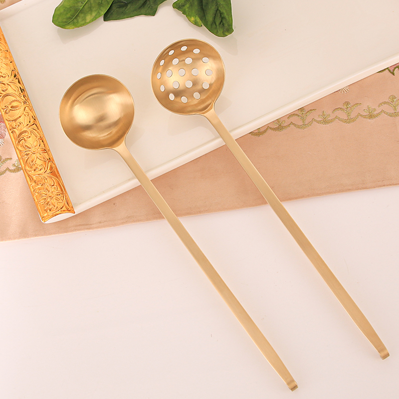 Pure Brass Hot Pot Spoon Soup Spoon Leaky Spoon Suit Long Handle Sheng Soup Small Wing-fence Home Copper Leaking Spoon Old-style long handle cutlery