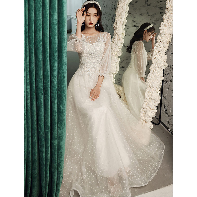 Evening Dress for Women, Banquet Host, Bride, Light Wedding Dress, Engagement Toast Dress, Annual Meeting Performance Dress, Autumn and Winter Long-Sleeved Dress