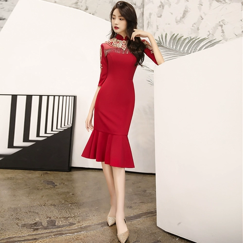 Вечернее платье, бордовое ципао для невесты, свадебное платье, китайский стиль, крой «рыбий хвост», подходит для подростков