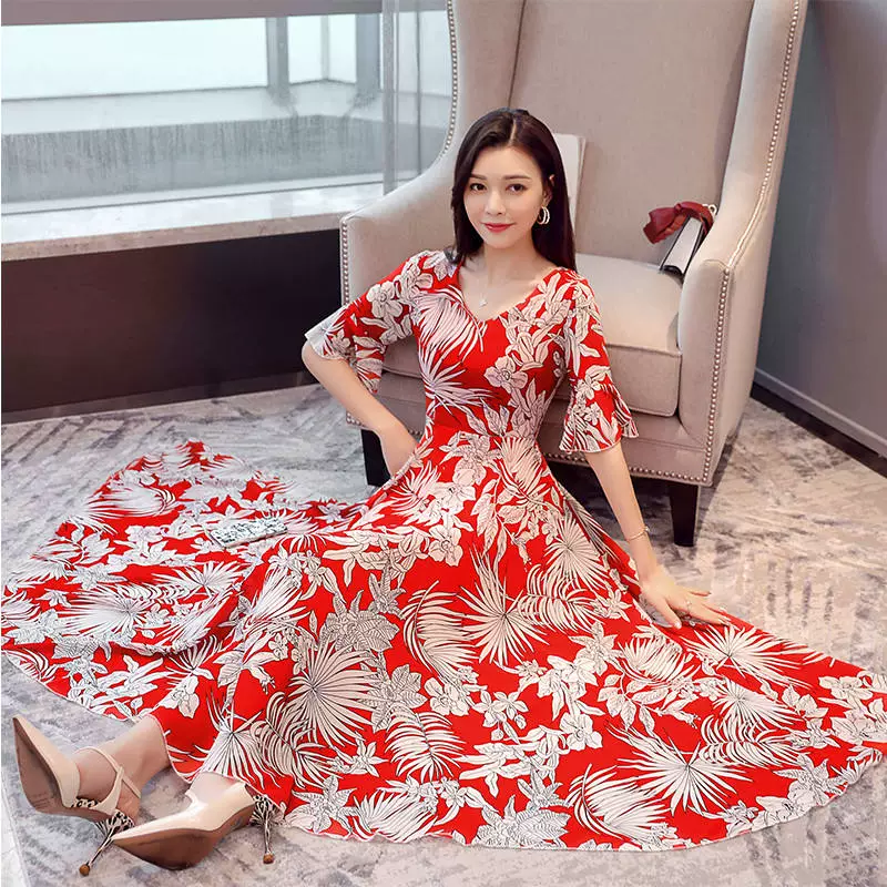 Váy xuân hè 2020 mới rộng vợ in kích thước lớn kèn tay áo hoa đầm xòe dài đầm voan - Váy dài