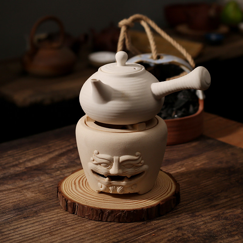Plain pottery white mud retro household tea cooking stove animal face stove Gongfu tea set Chinese ceramic teapot charcoal stove handmade tea art