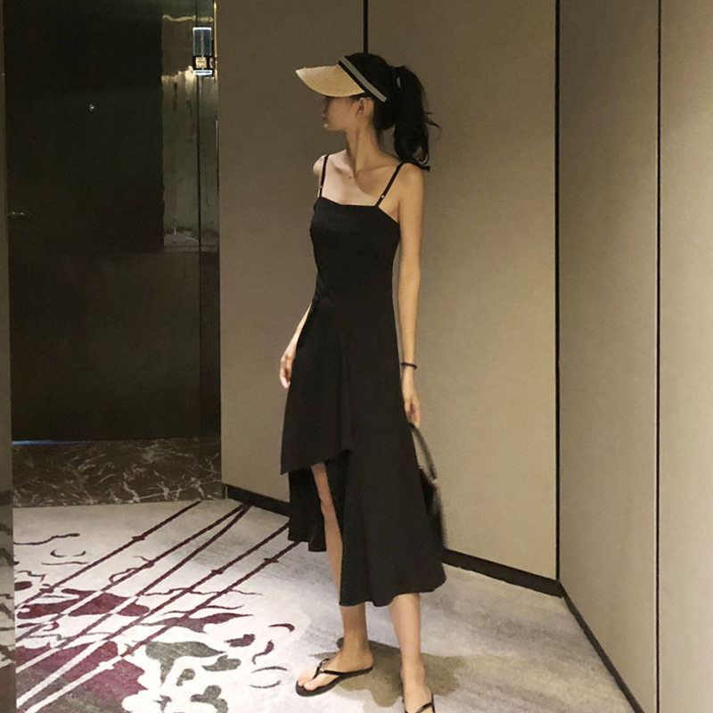 Maldives beach dress female summer Bali seaside holiday slim little black dress long skirt irregular dress fairy