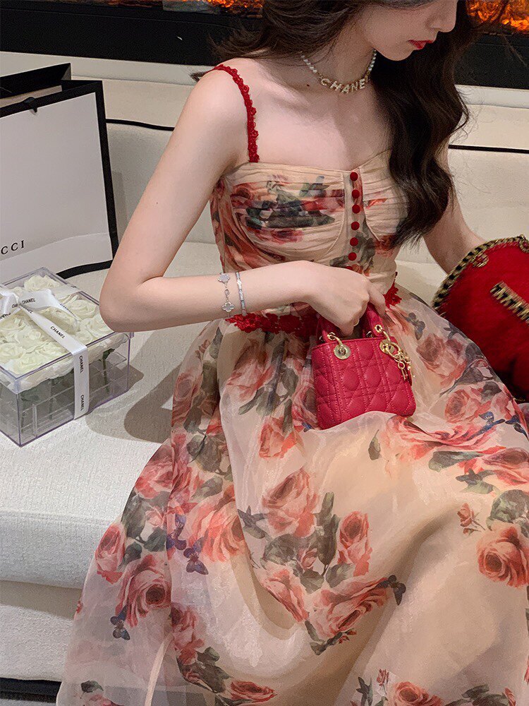 Sanya seaside holiday beach dress French retro niche light luxury floral high-end sexy suspender dress women