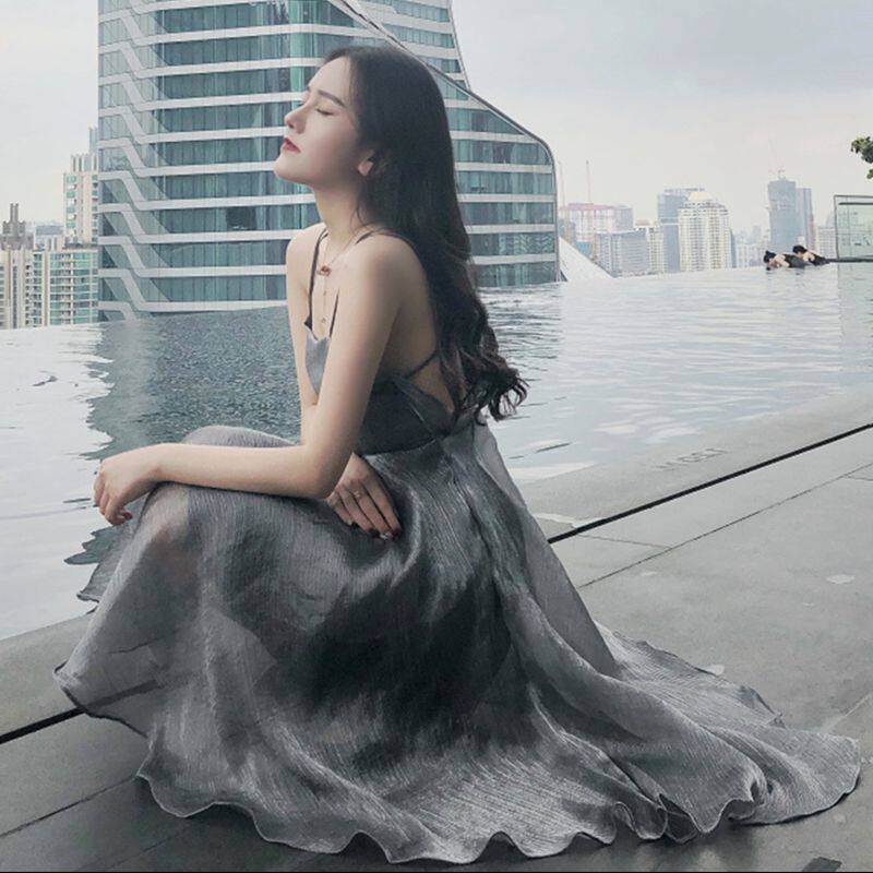 Hainan Sanya beach skirt women's summer 2022 new Thailand seaside holiday open back leak suspender skirt super fairy dress