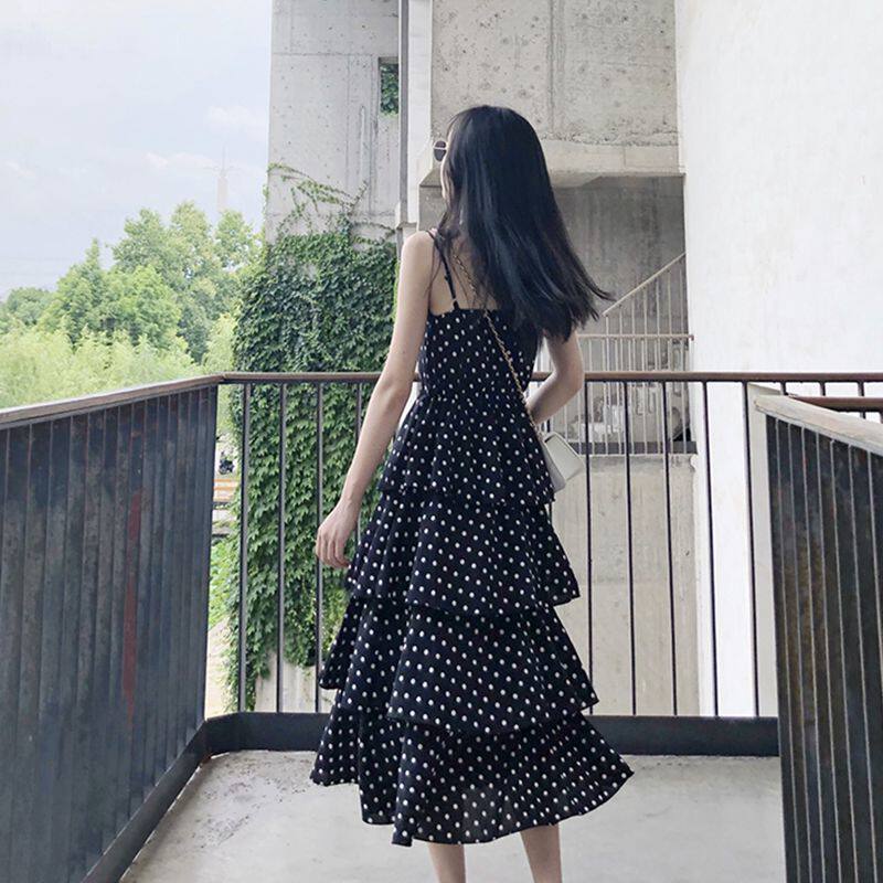 Hainan Sanya Beach Skirt Woman Thai Seaside Resort Long Dress Slim small sub-wave Dot Harness Ocean Dress Superfairy