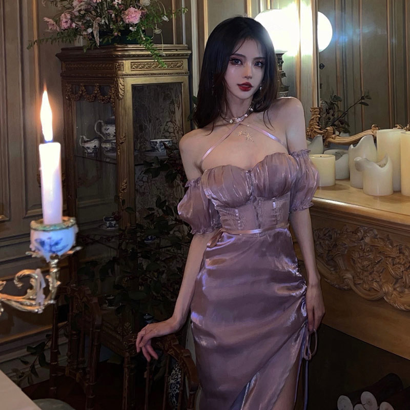 Sanya seaside holiday beach dress purple puff sleeves sexy off-the-shoulder midi dress drawstring slit fairy dress