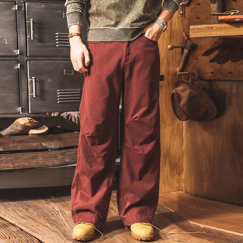 American Retro Bordeaux Red Casual Workwear Straight-Leg Pants for Men, Autumn Trendy Ruffle Design Loose Straight-Leg Pants
