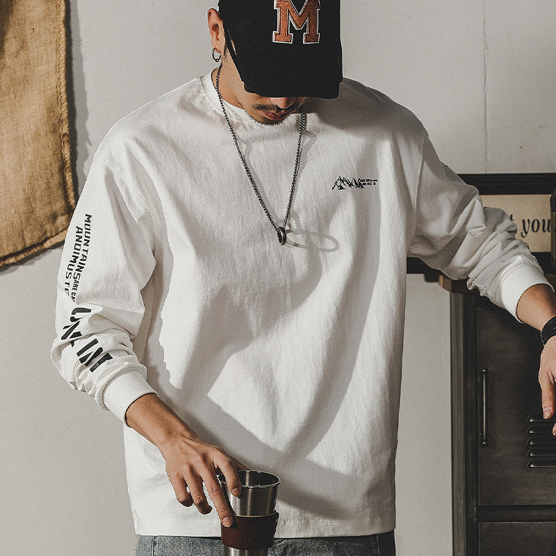 Jereno American heavy pound pure cotton T-shirt male long sleeve fall Chains with loose big code blouses Mountain tie men's wave-Taobao