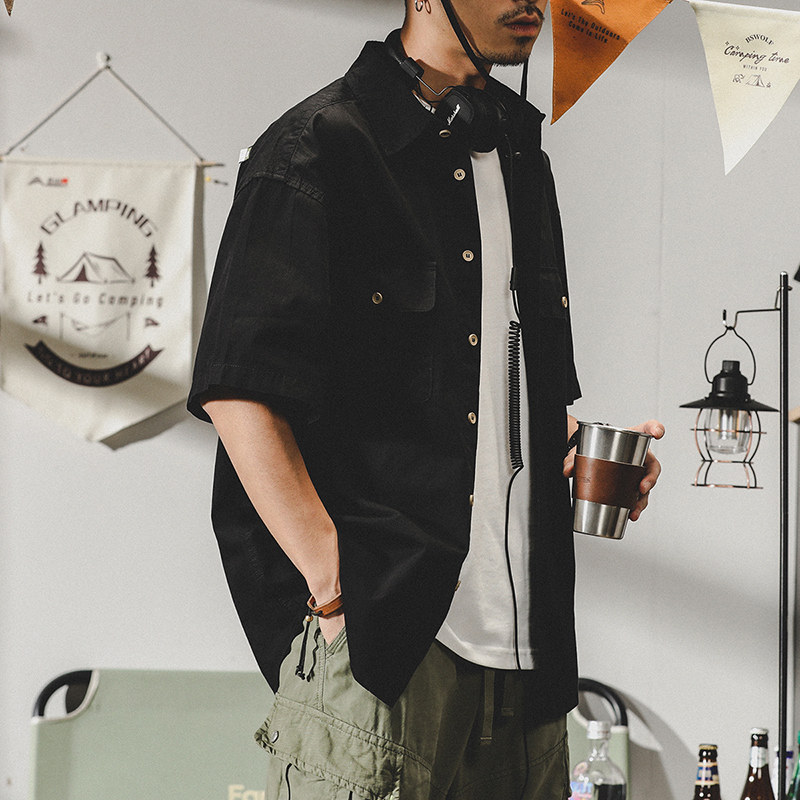 American tooling Xinjiang long suede cotton short sleeve shirt male summer fish bones tattoo vintage vintage loose lining man-Taobao