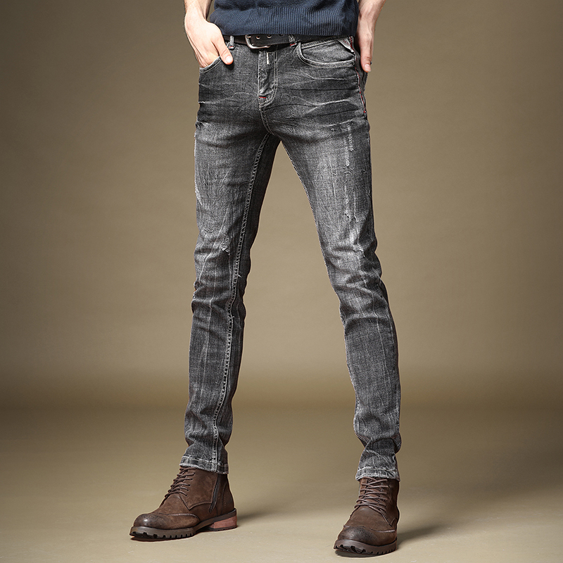 Jeans Men's boomer retro to make old Korean version sashimi small feet fall men's trend tobacco grey elastic long pants