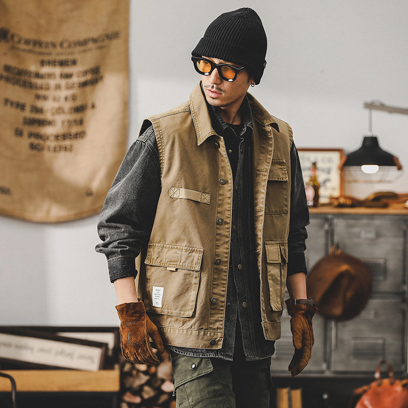 アメリカ製ヘビーウェイトレトロワークウェアジャケットメンズ春釣りアウトドアタクティカル機能マルチポケットワークウェアベストコート