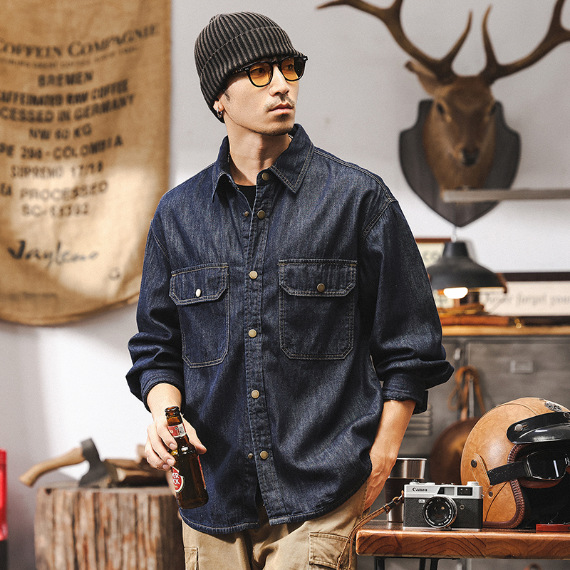 アメリカンレトロブライトラインオリジナルカラーデニムシャツメンズ2025春新作純綿ワークウェア長袖シャツジャケットメンズ