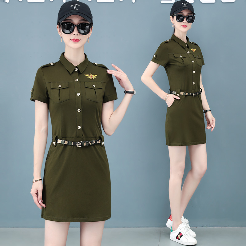 Fall 2020 short-sleeved dresses women's camouflage new military cotton slim mid-long slim military color base skirt