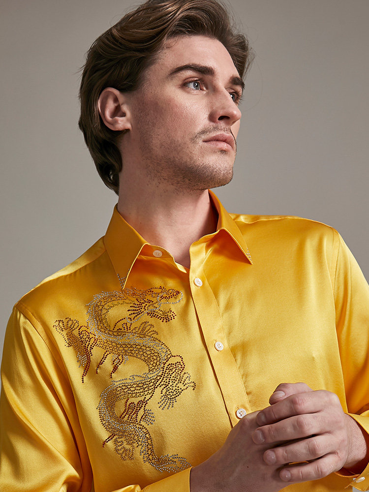 Mu Ni high-grade silk heavy weight 19 mmi silk solid color hot diamond dragon coat Men's long-sleeved shirt Mulberry silk shirt