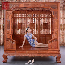 Mahogany Burmese pear new Chinese shelf bed Moonhole bed solid wood double bed antique Ming and Qing Qiangong pullout bed