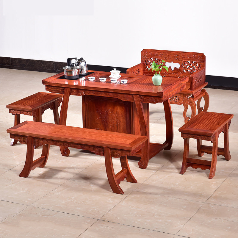 Red wood furniture Myanmar flowers pear tea table and chairs combined solid wood small bubble tea table tea table New Chinese tea table small family type
