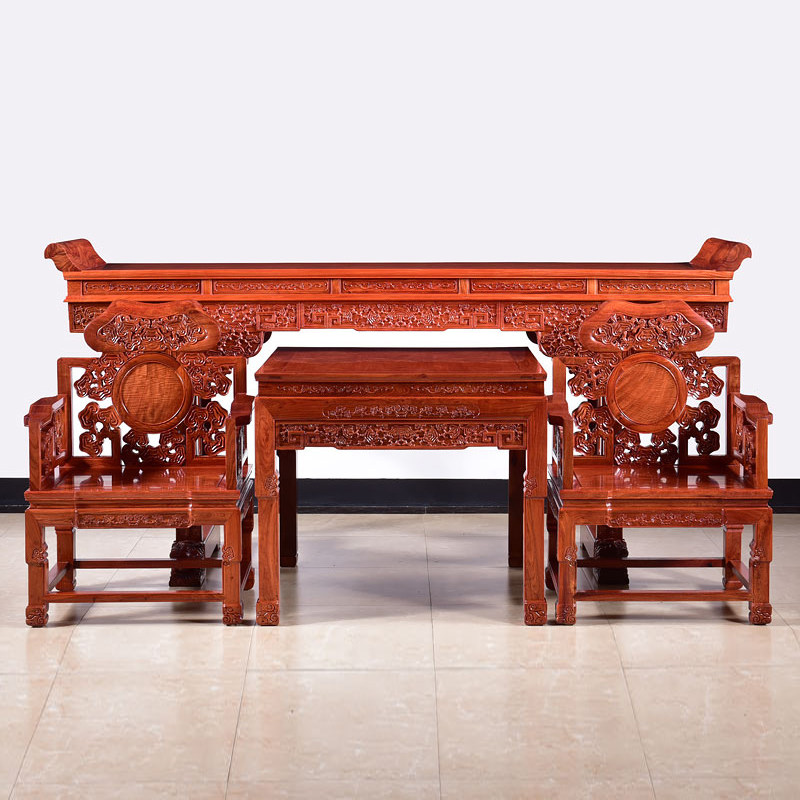 Mahogany furniture Burmese rosewood middle hall four-piece set six-piece set rural main room table case solid wood Eight Immortals table