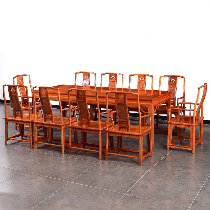 Red wood furniture Myanmar flower pears wood carved dining table and chairs combined solid wood Chinese rectangular dining room dining room Home