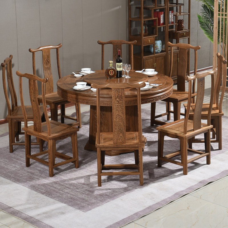 Mahogany dining table round table all solid wood Chinese round with turntable household dining table chicken wing wood classical dining table and chair combination