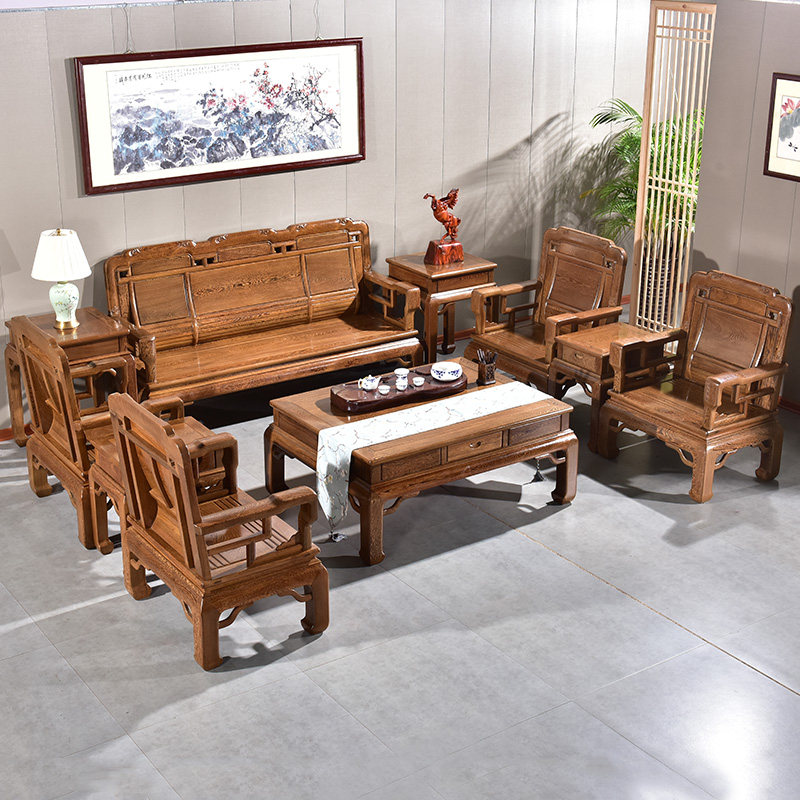 Mahogany furniture chicken wing wood plain solid wood sofa coffee table combination living room six-piece set ten-piece new Chinese-style sofa