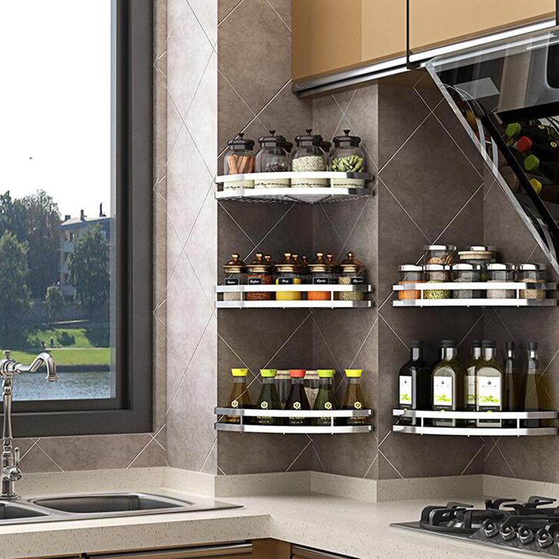 Kitchen Shelve Wall Wall-mounted Wall Free Corner Rack Seasonings Rack Single Layer Sector Containing Basket Corner