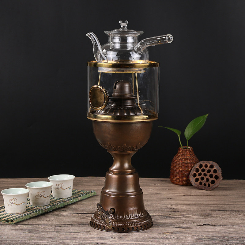 Blowing kerosene air lamp pure copper Chinese tea set boiling water boiled tea coffee stove Retro winding old oil lamp