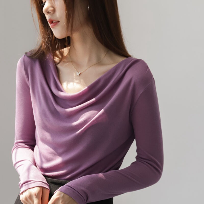 T-shirt women's 2021 new spring and autumn Korean version of slim and thin one-word collar bottoming shirt temperament simple long-sleeved top