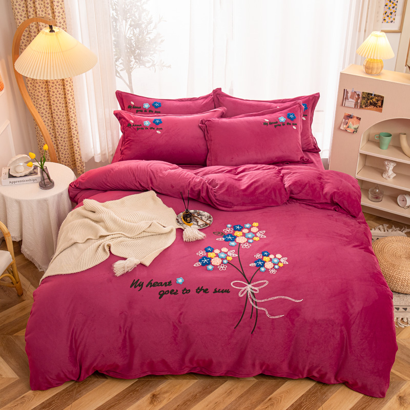 (100 people inspection) four-piece towel embroidery double-sided thickened warm milk velvet four-piece bedding
