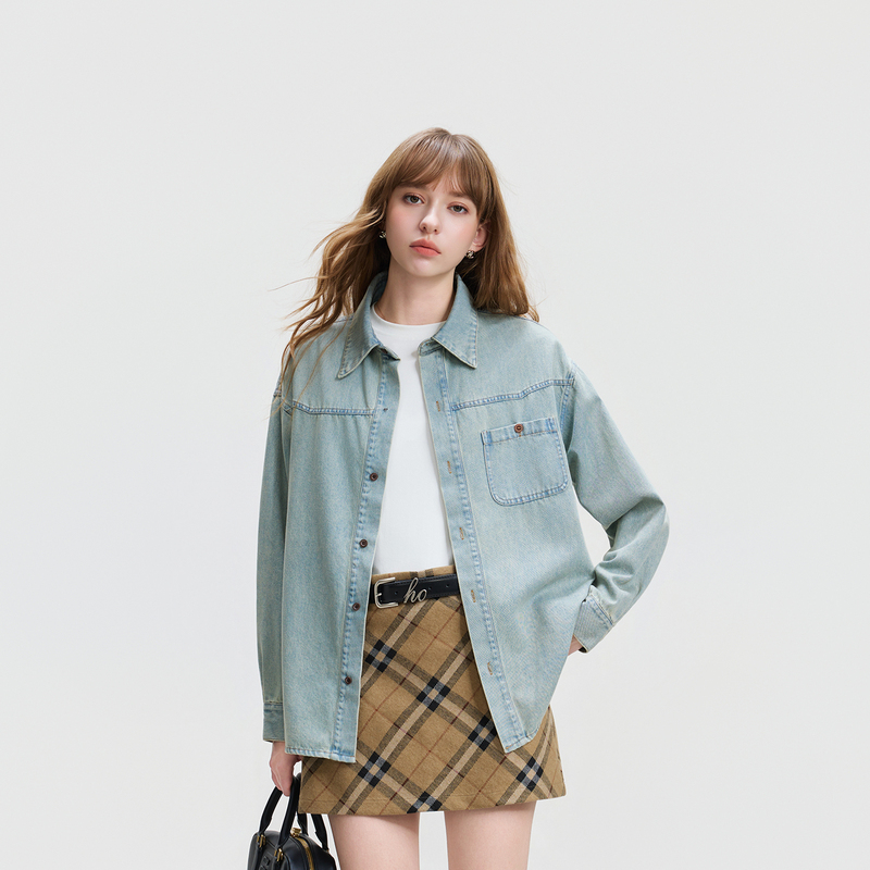 Hoa High-End Washed Vintage Denim Shirt for Women, Long-Sleeved, New Spring and Autumn Style, Loose, Casual, Versatile Shirt Jacket
