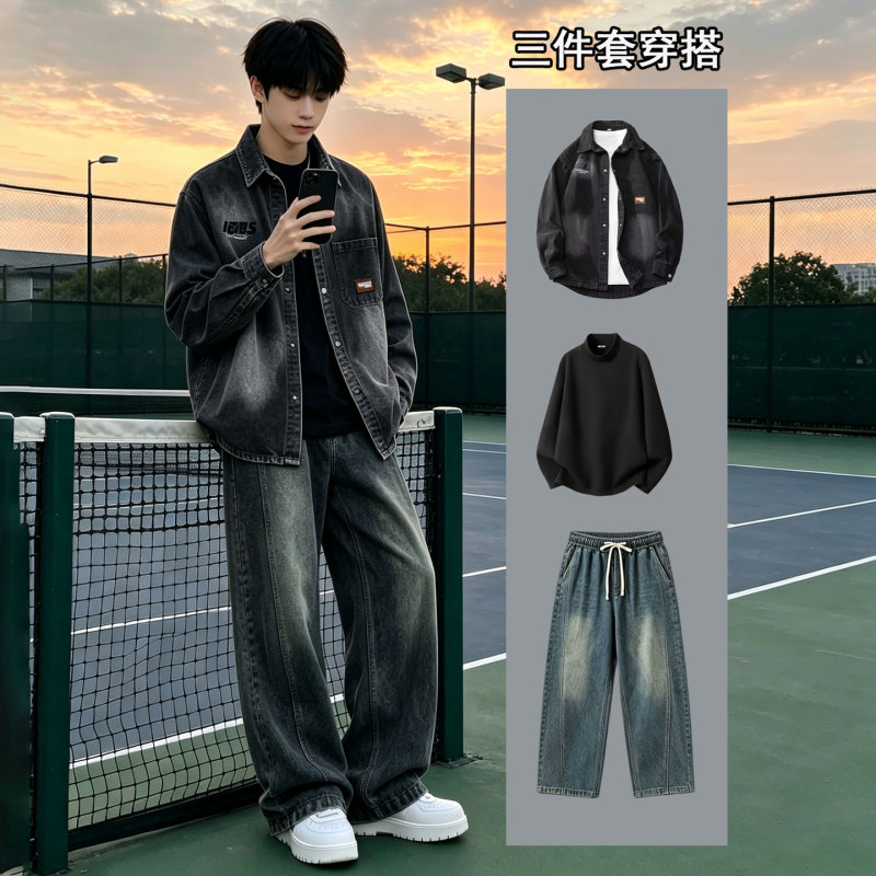 Hong Kong Style Denim Jacket for Men, Spring and Autumn 2026 New Casual Outfit Set, Men's Clothing Set Paired with Jeans Hong Kong Style Denim Jacket for Men, Spring and Autumn 2026 New Casual Outfit Set, Men's Clothing Set Paired with Jeans