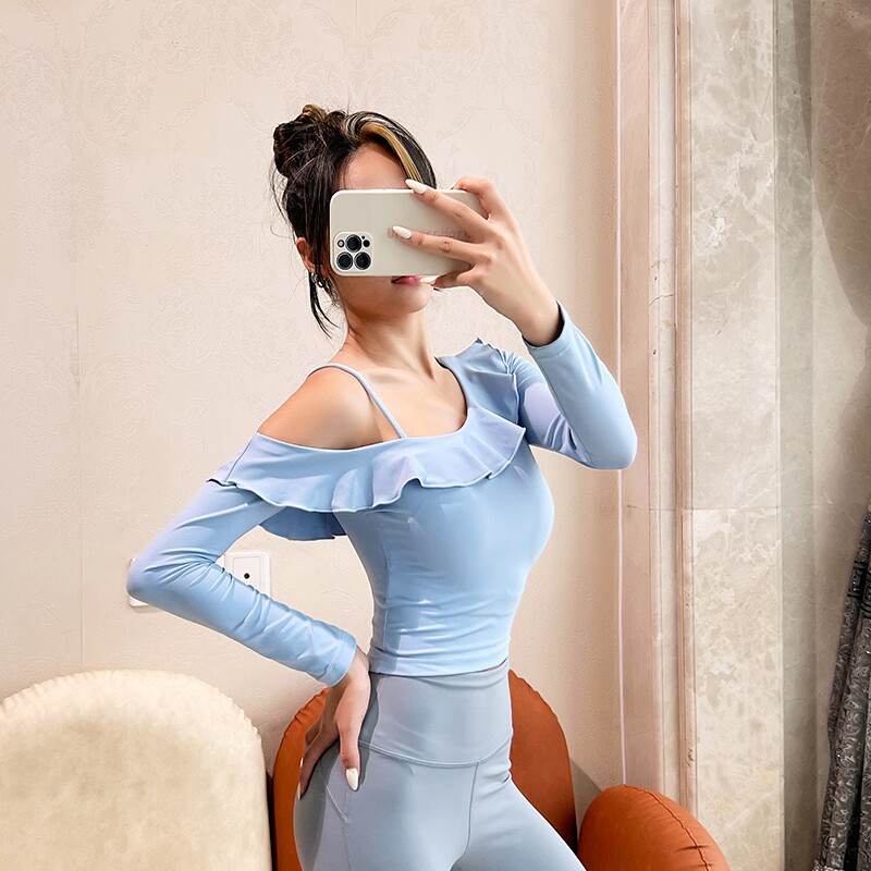 Fitness Blouse Girl Tight Fit Slim Long Sleeve Net Red Lotus Leaf Side Leakage Shoulder Elastic Speed Dry Yoga Uniform With Chest Cushion T-Shirt