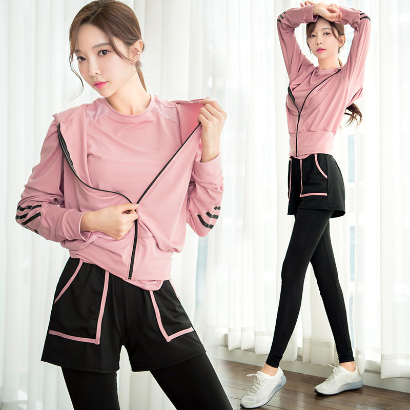 Yoga suit women's summer style long-sleeved gym five-piece quick-drying suit nice-looking pink loose sportswear tide