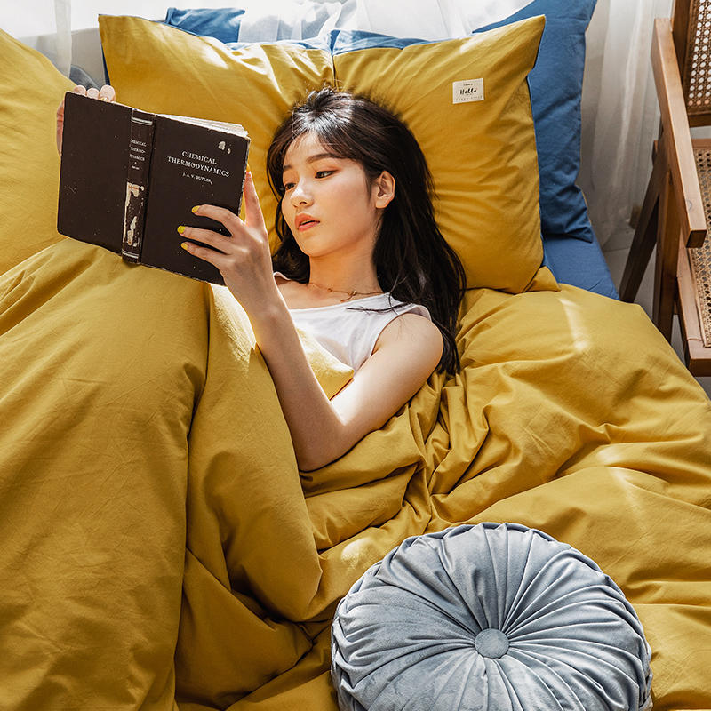 Cotton water washing cotton four-piece pure cotton pure color double-color bed hat type bed bag group dormitory company quilt cover tatami