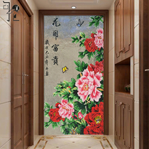 Mosaic peony blossoms rich Chinese Porch Restaurant art glass puzzle cut painting tile parquet background wall