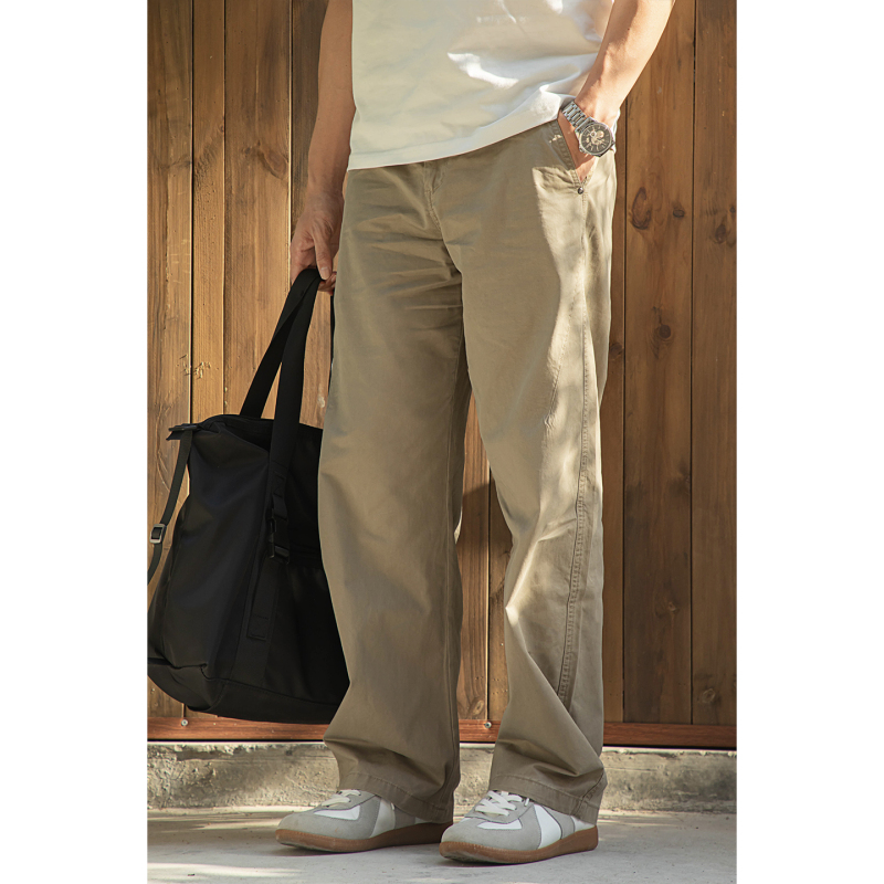 【100% Cotton Enzyme Washed Vintage Style】American Style 200g Fine Twill Loose Straight-Leg Work Pants with Distressed Seams and Patchwork Casual Pants